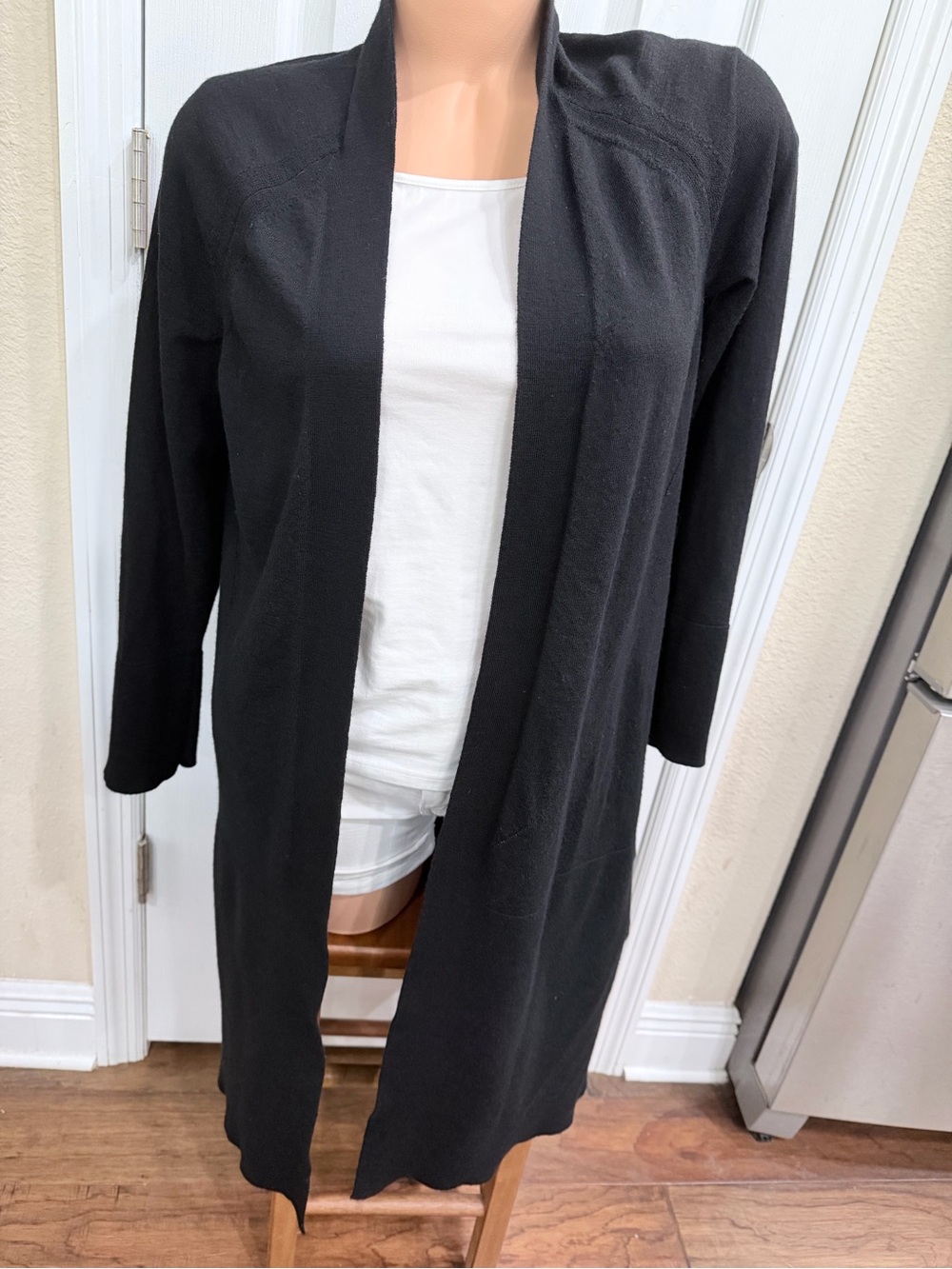 Talbots Pure Merino Wool Long Duster Cardigan Black Open Front Size L
